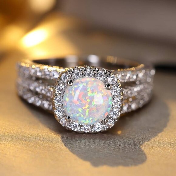 Stunning Silver Plated Bohemian-Style Square-Cut White Synthetic Opal Ring Size - Picture 2 of 4